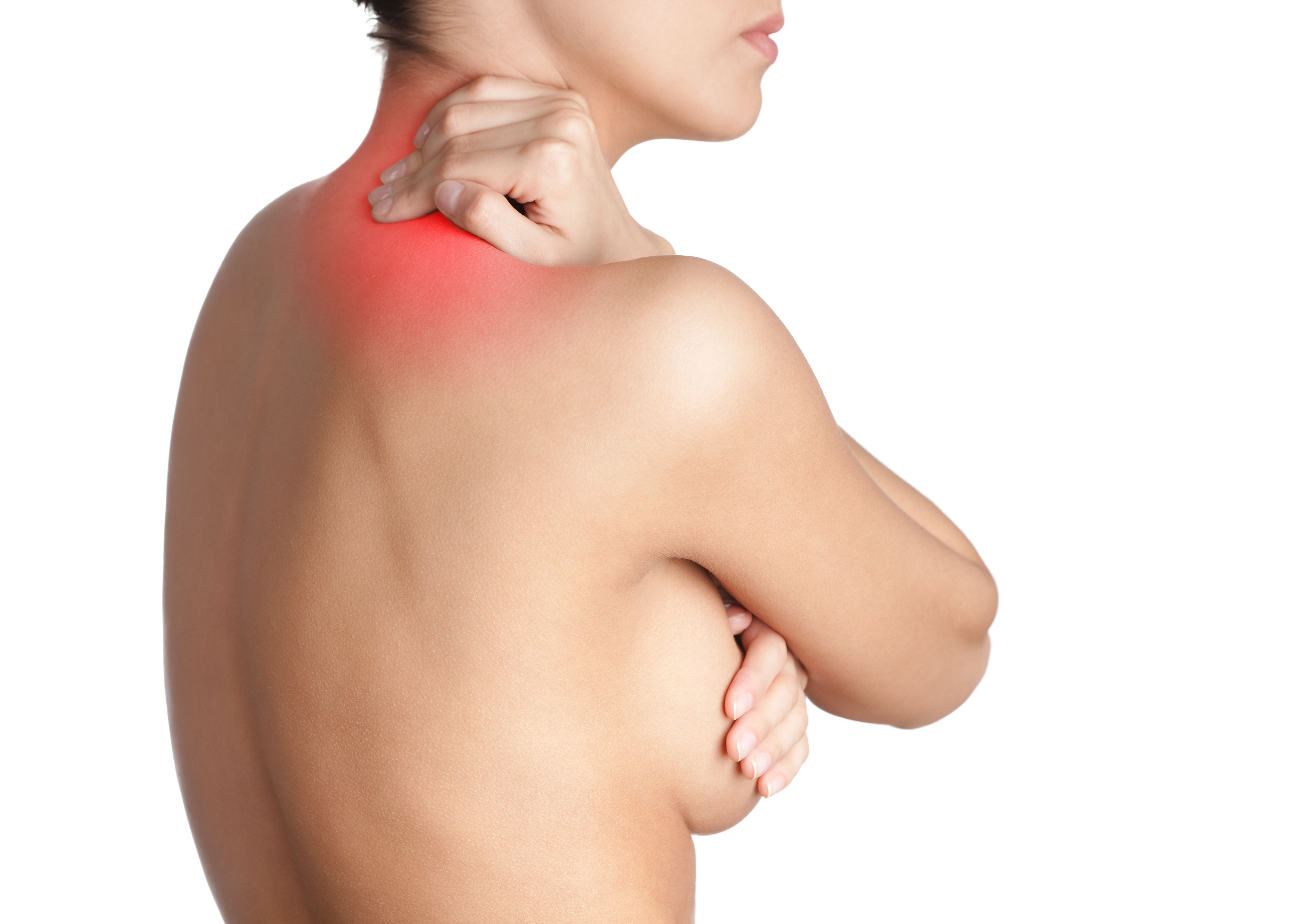 Topless woman covering breast and holding neck showing pain in red