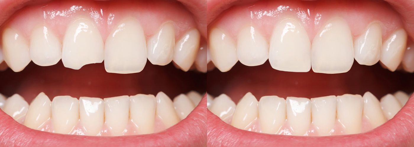 Side-by-side images of the mouth of a patient with chipped teeth before and after treatment