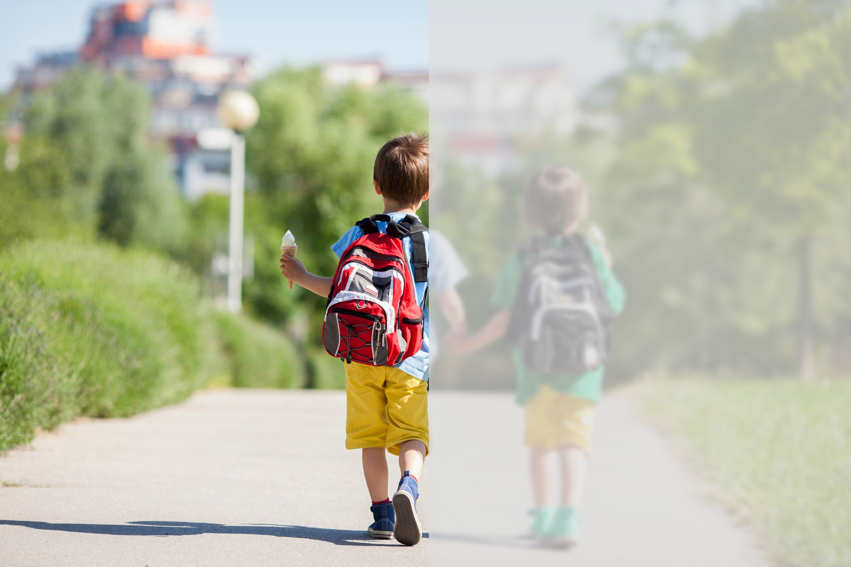 an image split in two of one clearly visible child and one in a fog